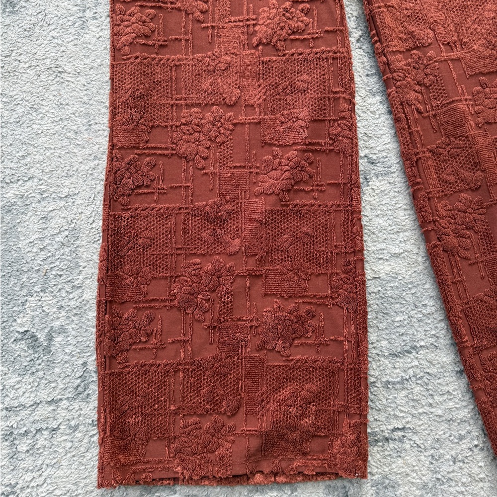 ZARA Women’s Rust Textured Jacquard Wide-Leg Pants Boho Floral Lounge Trousers M - Picture 5 of 12